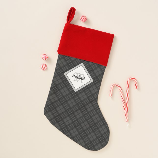 Trendy Black white tartan Personalize Monogram Christmas Stocking (Front)