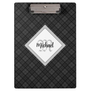 Trendy Black white tartan Personalize Monogram Clipboard