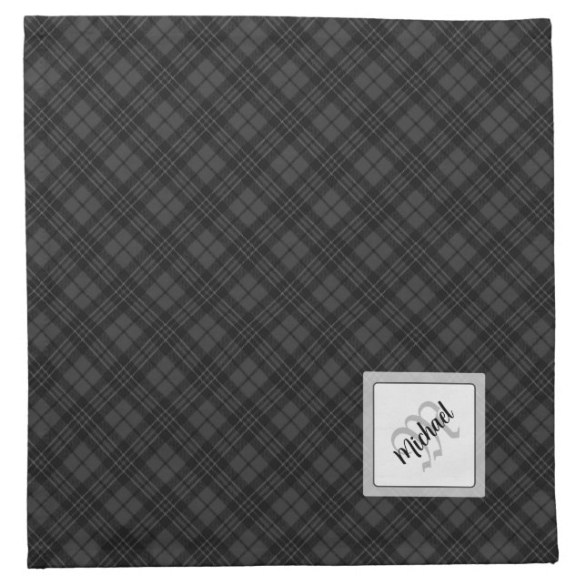 Trendy Black white tartan Personalize Monogram Cloth Napkin (Front)