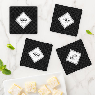 Trendy Black white tartan Personalize Monogram Coaster Set
