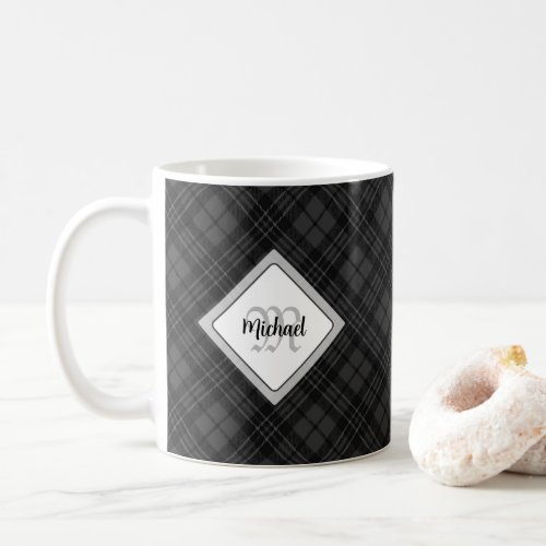 Trendy Black white tartan Personalize Monogram Coffee Mug