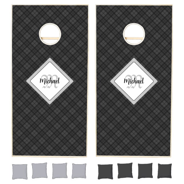 Trendy Black white tartan Personalize Monogram Cornhole Set (Set)