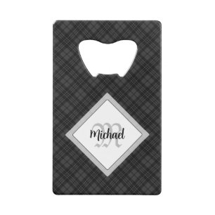 Trendy Black white tartan Personalize Monogram Credit Card Bottle Opener
