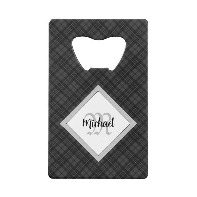 Trendy Black white tartan Personalize Monogram Credit Card Bottle Opener (Front)