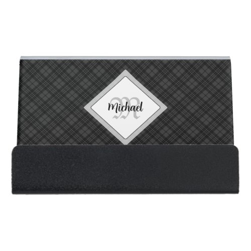 Trendy Black white tartan Personalize Monogram Desk Business Card Holder