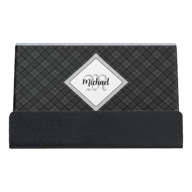 Trendy Black white tartan Personalize Monogram Desk Business Card Holder (Front)