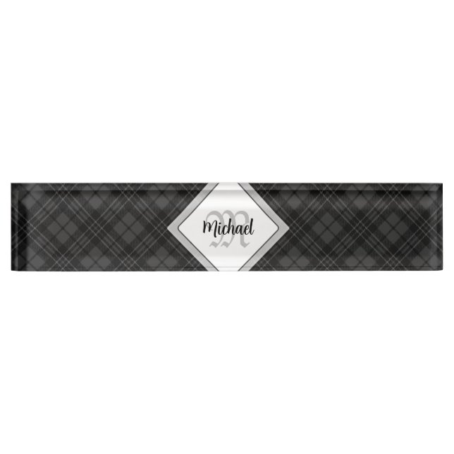 Trendy Black white tartan Personalize Monogram Desk Name Plate (Front)