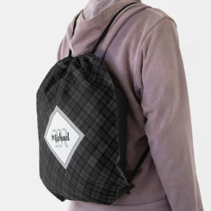 Trendy Black white tartan Personalize Monogram Drawstring Bag