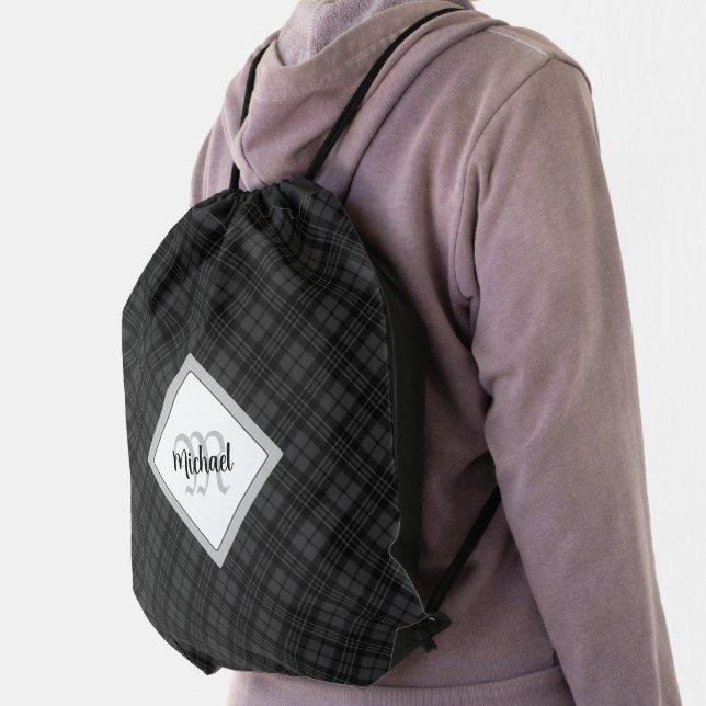 Trendy Black white tartan Personalize Monogram Drawstring Bag (Insitu)
