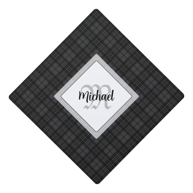 Trendy Black white tartan Personalize Monogram Graduation Cap Topper (Front)