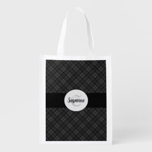 Trendy Black white tartan Personalize Monogram Grocery Bag