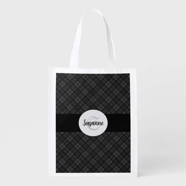 Trendy Black white tartan Personalize Monogram Grocery Bag (Front)
