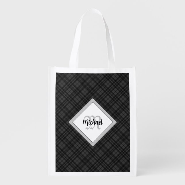 Trendy Black white tartan Personalize Monogram Grocery Bag (Front)