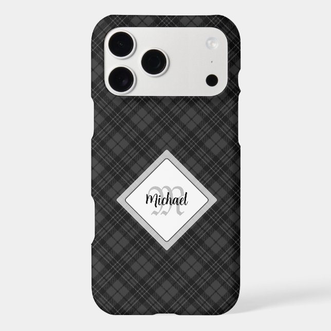 Trendy Black white tartan Personalize Monogram iPhone Case (Back)