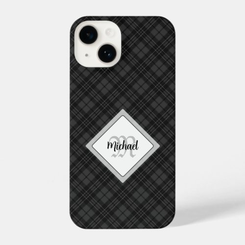 Trendy Black white tartan Personalize Monogram iPhone 14 Case