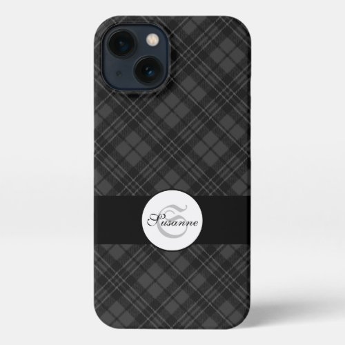 Trendy Black white tartan Personalize Monogram iPhone 13 Case