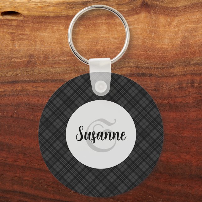 Trendy Black white tartan Personalize Monogram Keychain (Front)