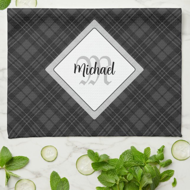 Trendy Black white tartan Personalize Monogram Kitchen Towel (Folded)