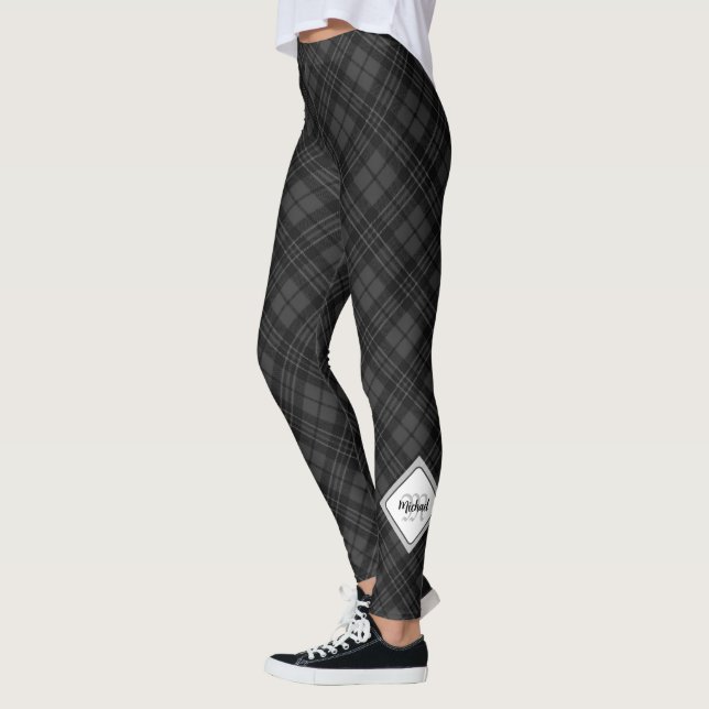 Trendy Black white tartan Personalize Monogram Leggings (Left)
