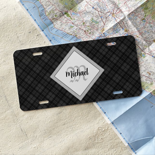 Trendy Black white tartan Personalize Monogram License Plate (In Situ)