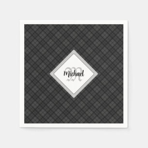 Trendy Black white tartan Personalize Monogram Napkins