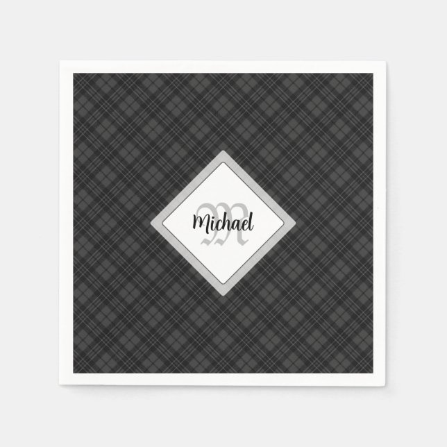 Trendy Black white tartan Personalize Monogram Napkins (Front)