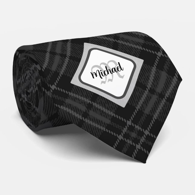 Trendy Black white tartan Personalize Monogram Neck Tie (Rolled)