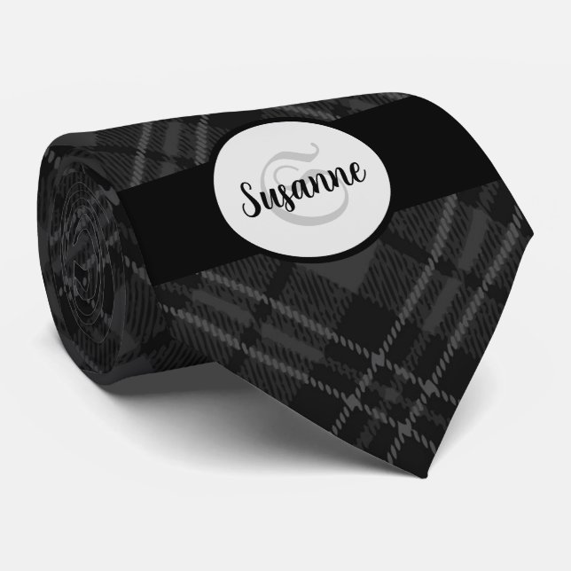 Trendy Black white tartan Personalize Monogram Neck Tie (Rolled)
