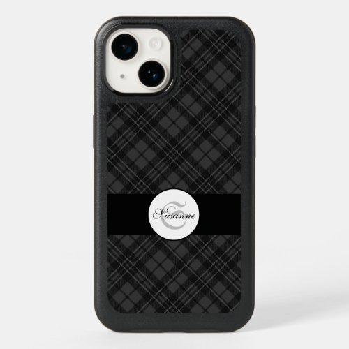 Trendy Black white tartan Personalize Monogram OtterBox iPhone 14 Case