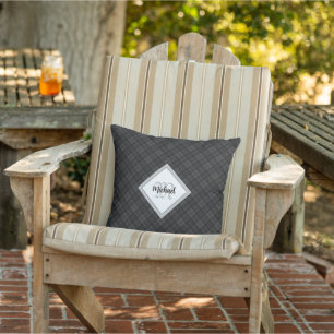 Trendy Black white tartan Personalize Monogram Outdoor Pillow
