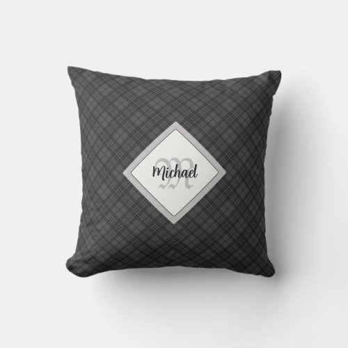 Trendy Black white tartan Personalize Monogram Outdoor Pillow