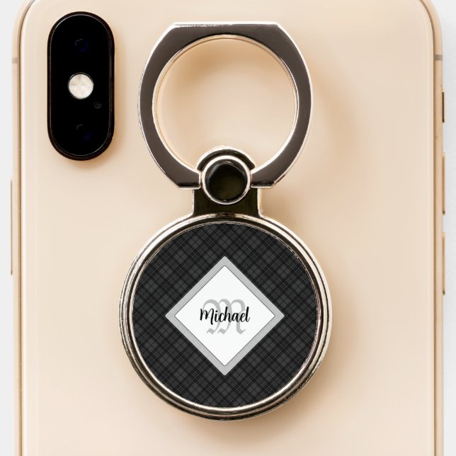 Trendy Black white tartan Personalize Monogram Phone Ring Stand (Close Up)