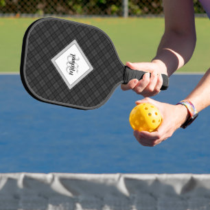 Trendy Black white tartan Personalize Monogram Pickleball Paddle