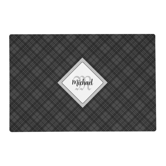 Trendy Black white tartan Personalize Monogram Placemat (Front)