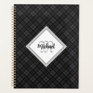 Trendy Black white tartan Personalize Monogram Planner