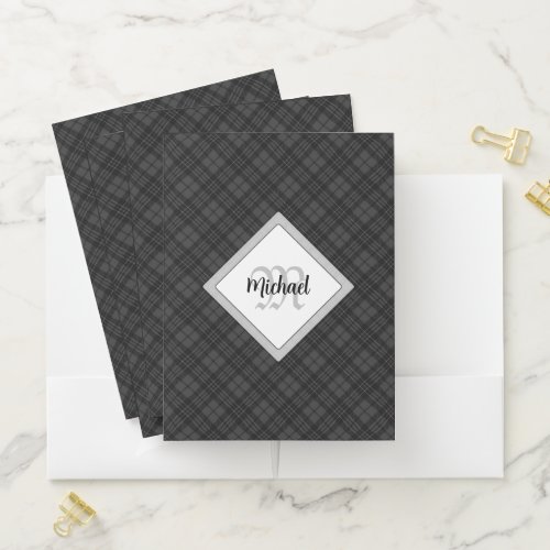 Trendy Black white tartan Personalize Monogram Pocket Folder