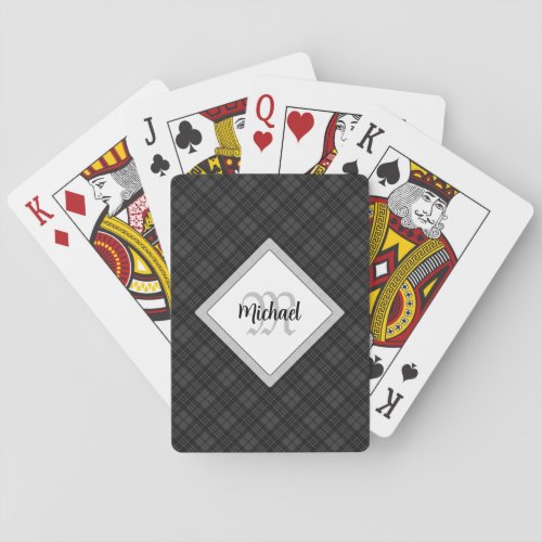 Trendy Black white tartan Personalize Monogram Poker Cards