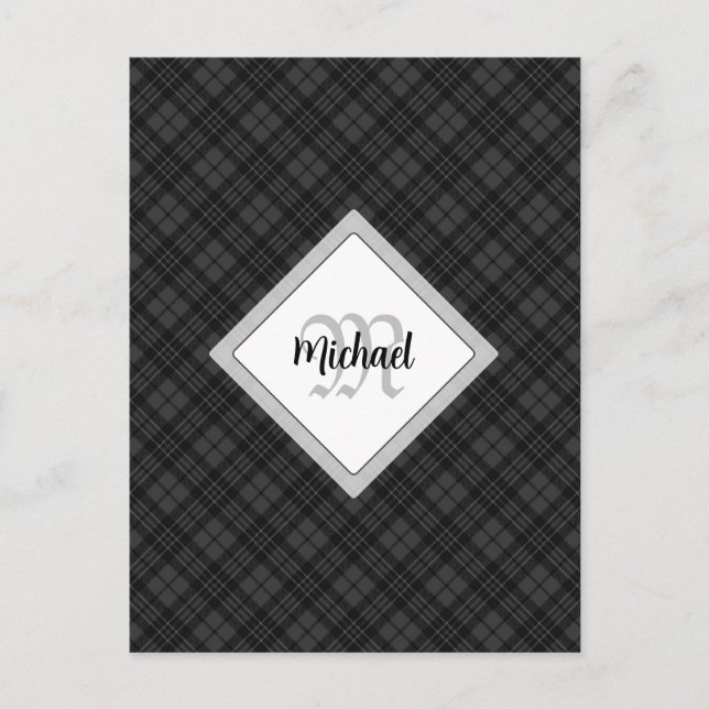 Trendy Black white tartan Personalize Monogram Postcard (Front)