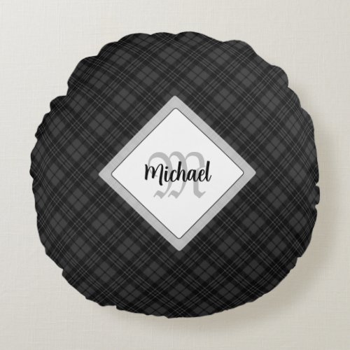 Trendy Black white tartan Personalize Monogram Round Pillow