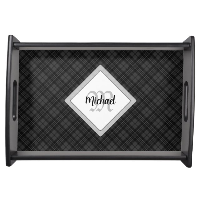 Trendy Black white tartan Personalize Monogram Serving Tray (Front)