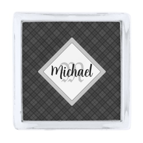 Trendy Black white tartan Personalize Monogram Silver Finish Lapel Pin