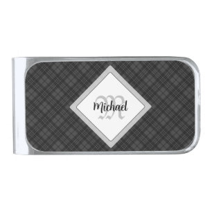 Trendy Black white tartan Personalize Monogram Silver Finish Money Clip