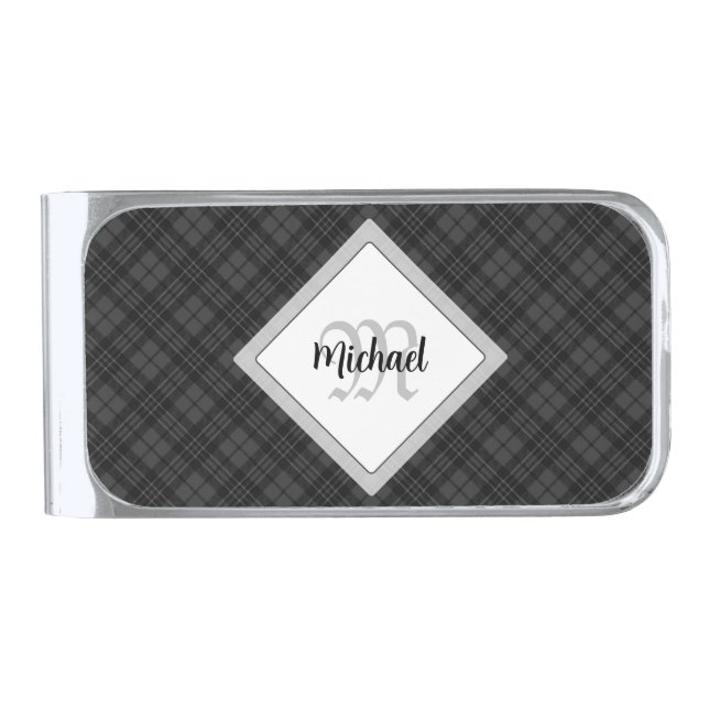 Trendy Black white tartan Personalize Monogram Silver Finish Money Clip (Front)
