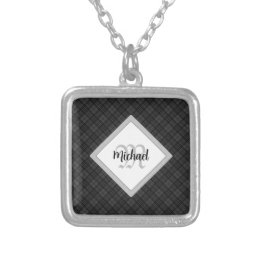 Trendy Black white tartan Personalize Monogram Silver Plated Necklace