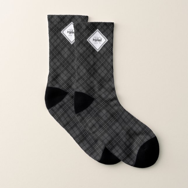Trendy Black white tartan Personalize Monogram Socks (Pair)