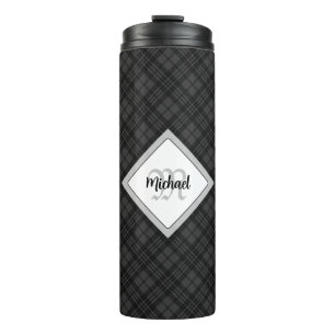 Trendy Black white tartan Personalize Monogram Thermal Tumbler