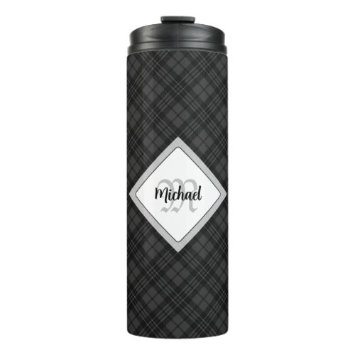 Trendy Black white tartan Personalize Monogram Thermal Tumbler