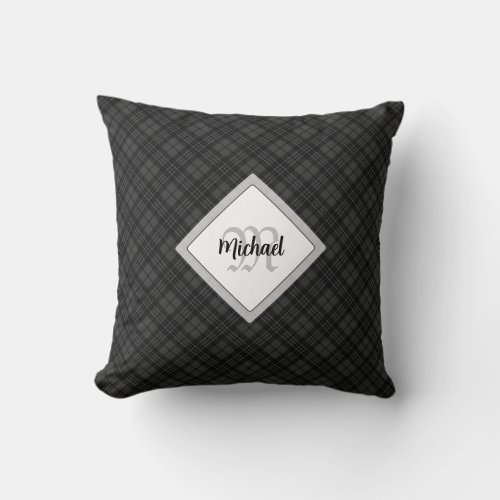 Trendy Black white tartan Personalize Monogram Throw Pillow
