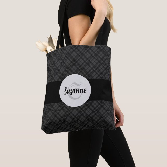 Trendy Black white tartan Personalize Monogram Tote Bag (Close Up)