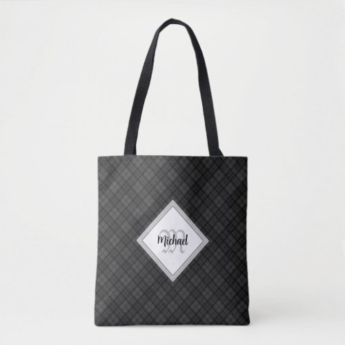 Trendy Black white tartan Personalize Monogram Tote Bag